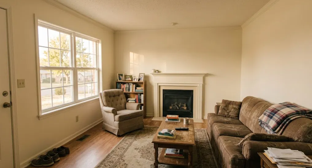 Dated small living room with cream walls, popcorn ceiling, heavy traditional furniture, and one window