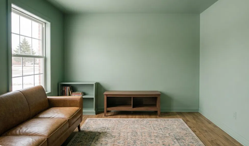 Small living room drenched in sage green with matching trim, window casing, and built-in shelf, leather sofa