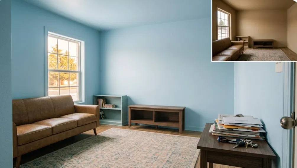 Before and after of a small living room, dated tan walls beside the same room repainted pale blue with a matching ceiling