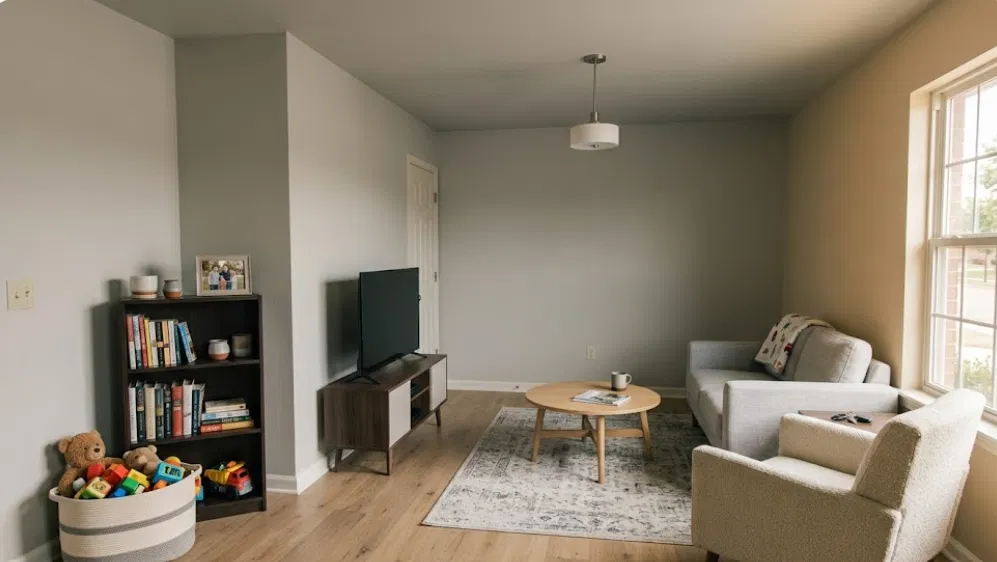 Small living room painted light gray with a warm beige accent wall, low bookshelf, and a bright window