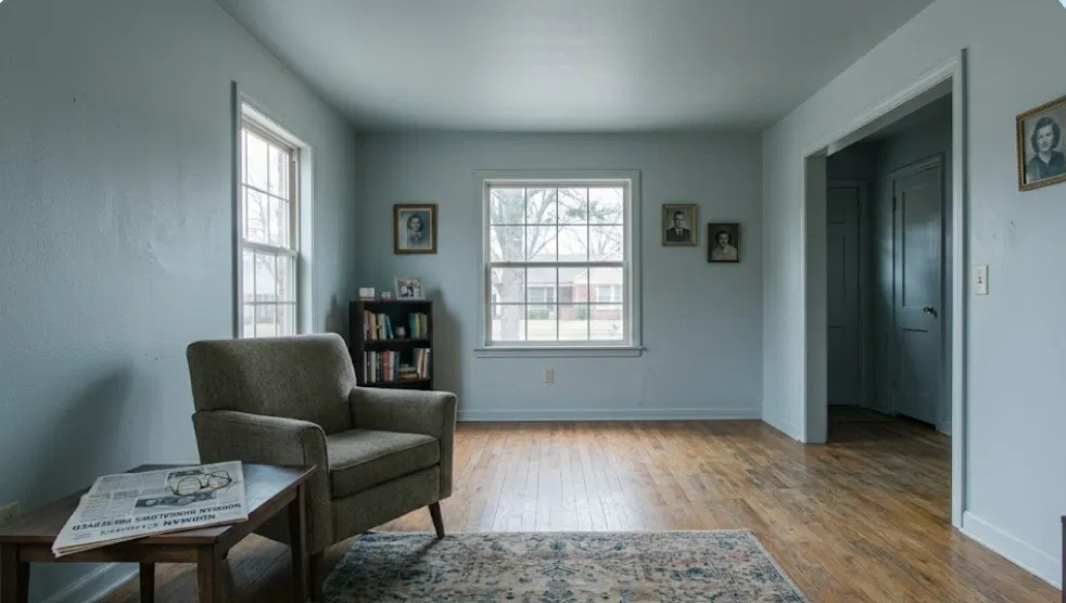 Small living room with pale green-gray walls, white trim, original hardwood floors, and two windows