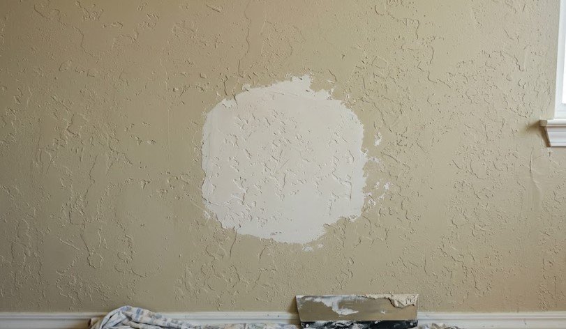 Patched area with rebuilt knockdown texture on a beige wall, with a drywall knife on a drop cloth