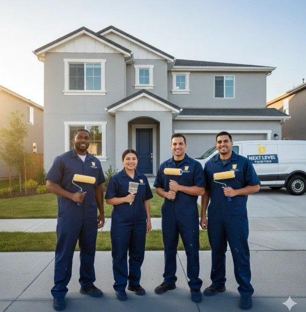The Next Level Painting crew standing with their van outside a home in Oklahoma City
