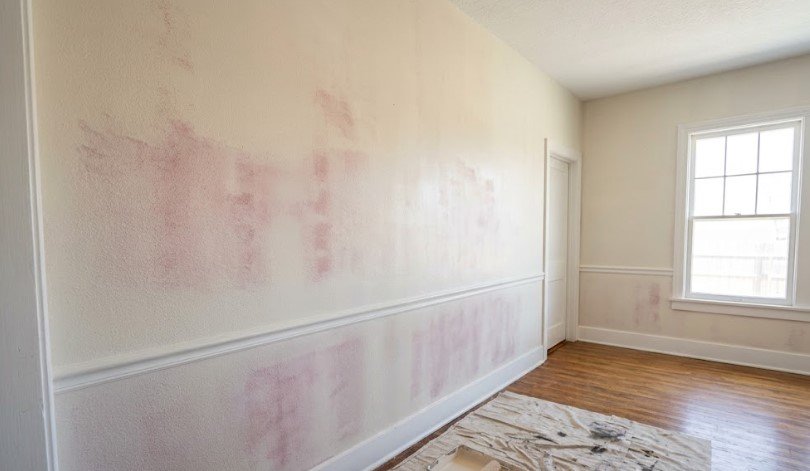 Patchy off-white wall where the old pink color shows through a thin new coat