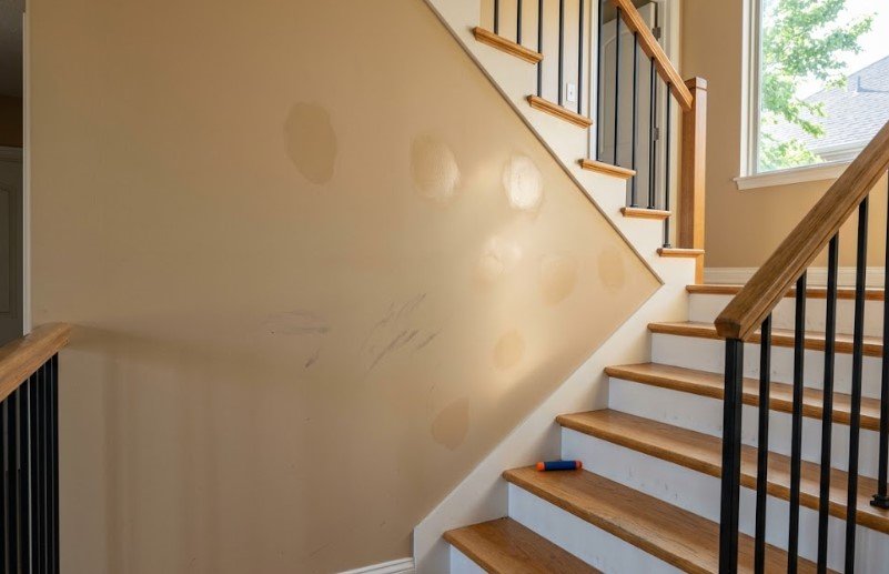 Shinier touch-up patches visible on a painted stairwell wall in side light