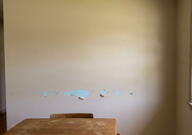 Cream paint chipping off a dining room wall to reveal light blue paint underneath