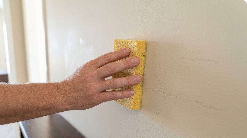 Damp sponge held against a scuffed flat-painted entry wall